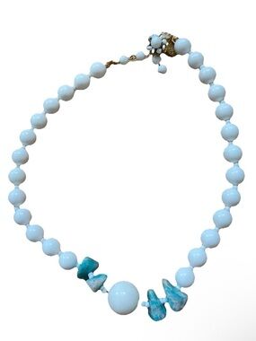 Vintage Miriam Haskell Necklace Glass Beaded White Stone Collar Blue